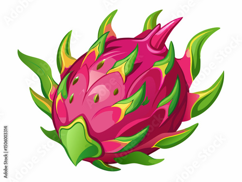 A colorful vector illustration of a dragon fruit with pink skin and green spikes, isolated on white
