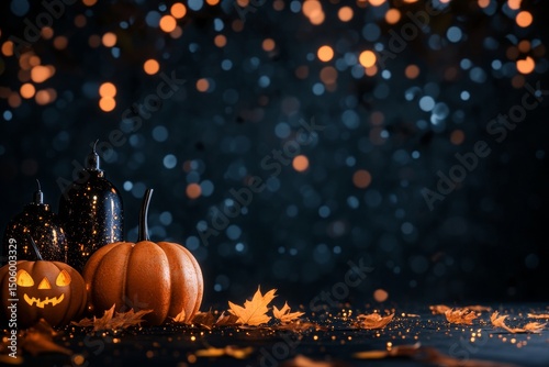 Autumn Decorations With Pumpkins and Shimmering Lights Create a Cozy Hallowee...