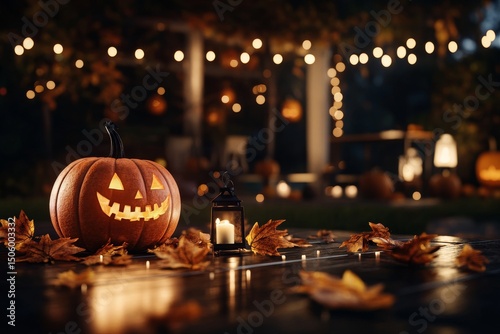 Autumn Decorations With Pumpkins and Shimmering Lights Create a Cozy Hallowee...