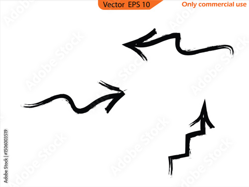 Hand drawn arrow vector icons set. Sketch arrow design for business plan and education. Set of arrows black icons. Circle arrows, rotate arrow, redo process symbol. EPS 10. Only commercial use. 