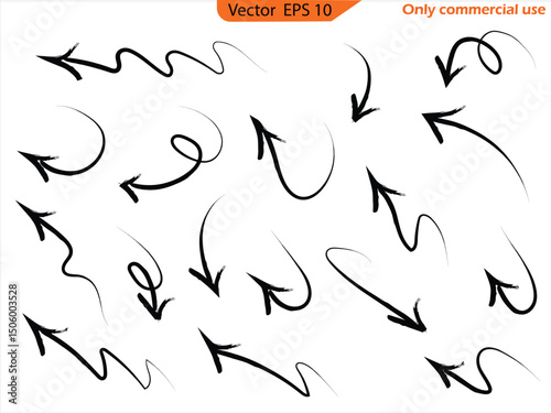 Charcoal arrows  icons set. Group of chalked arrow. Doodle marker drawing, black chalk smears. Direction pointers. Scribbles and scrawls.
