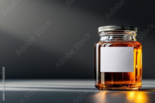 Brown Glass Jar With Blank Label on a Simple Gray Background in a Minimalisti...