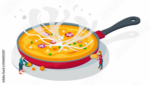 Two chefs preparing a large steaming omelet in a red pan with scattered ingredients and isometric