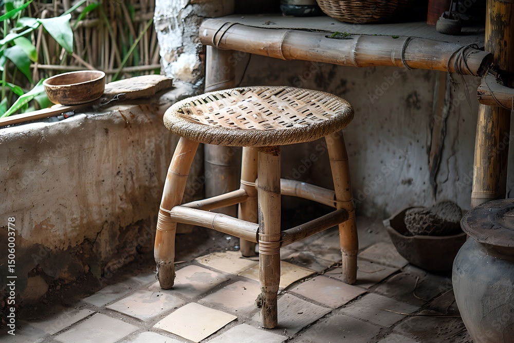 Obraz premium Small jute-seated bamboo chair outside home high resolution picture