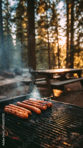 Grilling Sausages Outdoors in a Forest During a Sunny Afternoon.