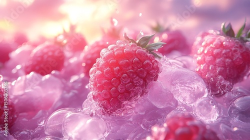 Fresh Raspberries Resting on Ice With a Pastel Background at Sunset