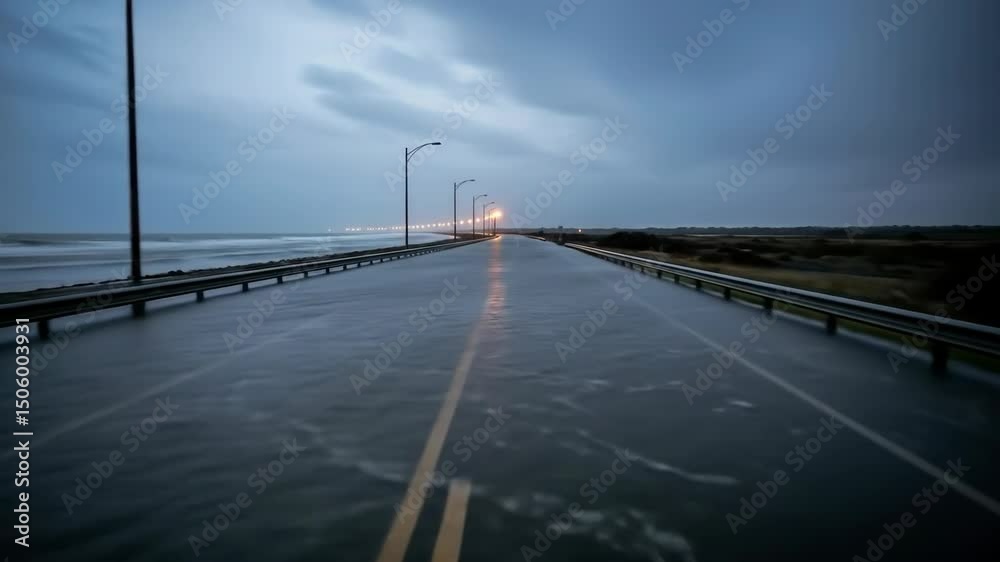 Stormy coastal road flooding as waves crash over barrier in twilight
