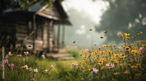 Bees Buzzing Around Wildflowers Near a Rustic Cabin at Sunset in a Serene Cou...