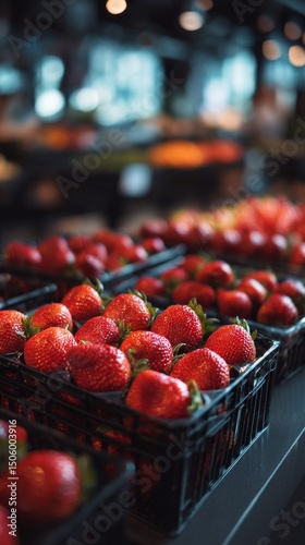 Fresh Strawberries in Black Containers Ready for Sale at a Local Market Durin...