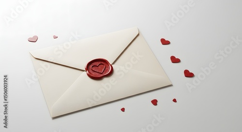 Minimalist composition of a love letter envelope sealed with a wax heart stamp, next to small paper hearts