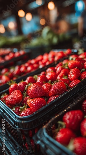 Fresh Strawberries Displayed in Baskets at a Local Market During Summer Season.