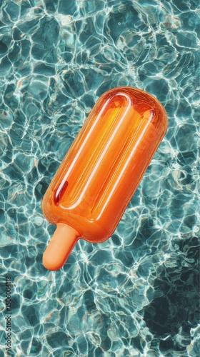 Colorful Orange Popsicle Float Resting in Clear Blue Swimming Pool Water on S...
