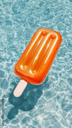 Bright Orange Popsicle Float Drifts in a Sparkling Swimming Pool on a Sunny Day.
