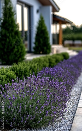 Lavender Blooms Lining a Modern Home Garden at Dusk Showcasing Natures Tranqu...