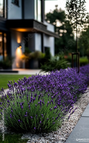 Lavender Blooms Lining a Modern Home Garden at Dusk Showcasing Natures Tranqu...