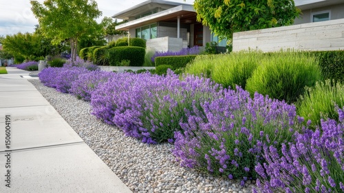 Beautiful Lavender Garden in a Modern Residential Neighborhood on a Sunny Day
