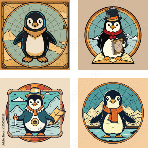 Collection Of Cartoon Penguin Characters In Different Outfits On Travel Backgrounds