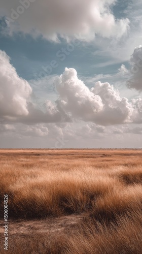Majestic Clouds Drift Over Golden Grasslands in an Open Landscape Under Brigh...