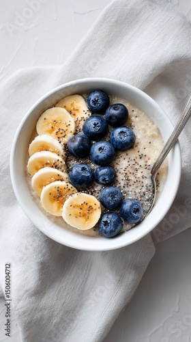 Healthy Bowl of Oatmeal Topped With Fresh Blueberries and Banana Slices for B...