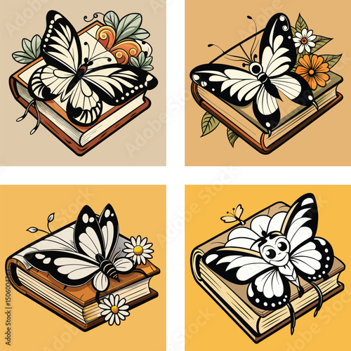 Butterfly Designs Sitting On Books With Flowers In Graphic Style