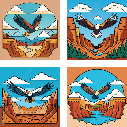 Eagle Soaring Above Grand Canyon National Park Illustrated Scenic Views Set