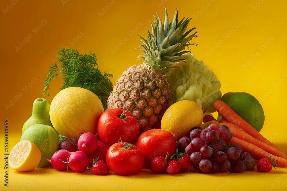 Fresh fruits and vegetables arranged beautifully on vibrant yellow background Fresh fruits and vegetables arranged beautifully on vibrant yellow background