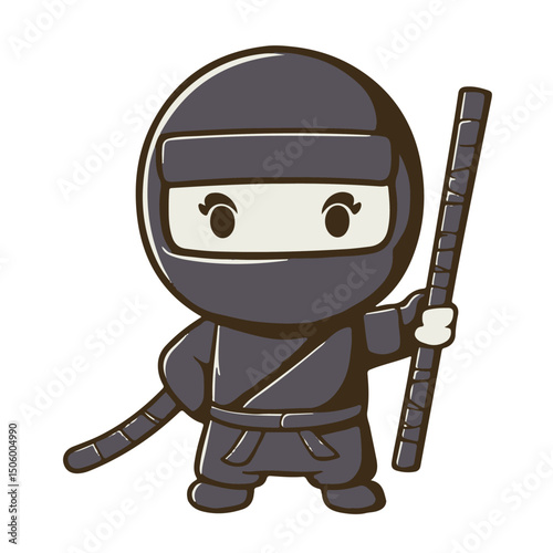 Black masked cartoon ninja hero, a 3d vector illustration of a boy soldier with a sword