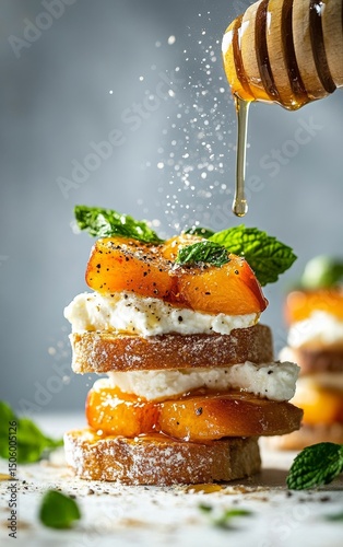 Preparing a Delicious Layered Dessert With Peaches and Honey on a Rustic Table