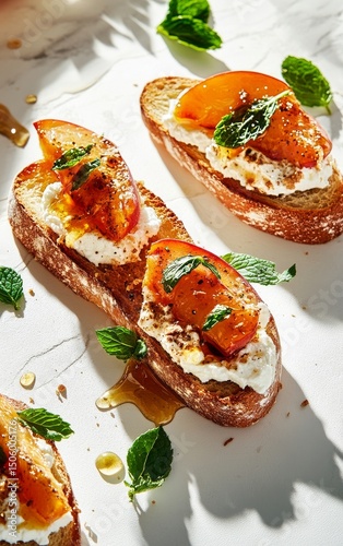 Delicious Crostini Topped With Fresh Peach Slices and Mint Drizzled With Honey.