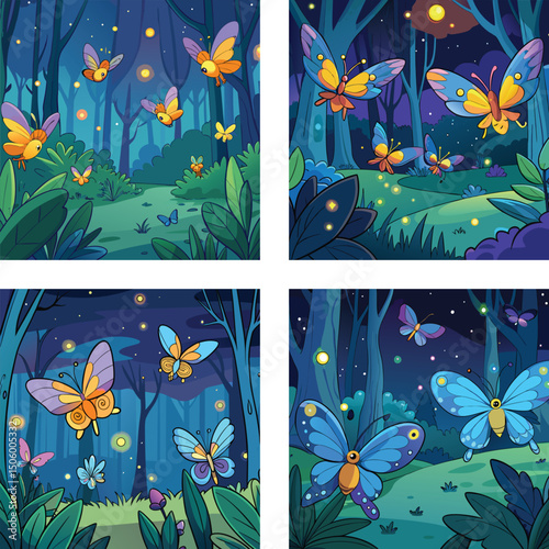 Cartoon Butterflies Fluttering In A Whimsical Enchanted Forest At Night Illustration