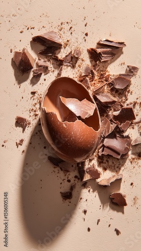 Chocolate Egg Broken Open With Pieces Scattered on Beige Surface Capturing Fe...