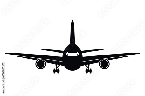Airplane front view silhouette, travel vector icon.