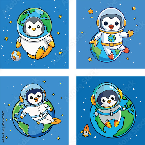 Cute Penguin Astronauts In Space Cartoon Illustrations Set For Kids Projects