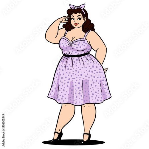 A confident plus-size woman in a polka dot dress striking a pose with a playful expression