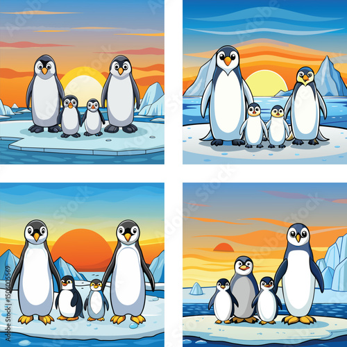 Cartoon Penguin Family Together On Ice Floe With Sunset Background Illustrations