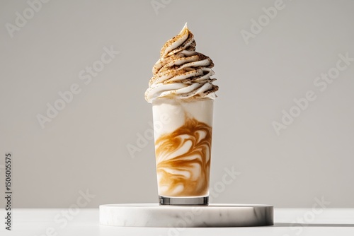 Creamy Caramel Swirl Dessert Served in a Clear Cup on a White Table With Soft...