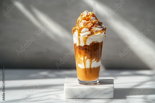 Delicious Coffee Dessert With Whipped Cream and Caramel Drizzle at Modern Caf...