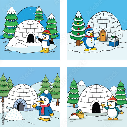 Cartoon Penguin Illustration Set Featuring Igloos And Winter Scenery For Children