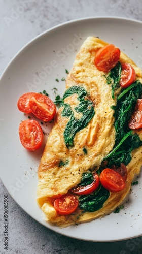 Delicious Spinach and Tomato Omelet Served on a White Plate With Garnish and ...