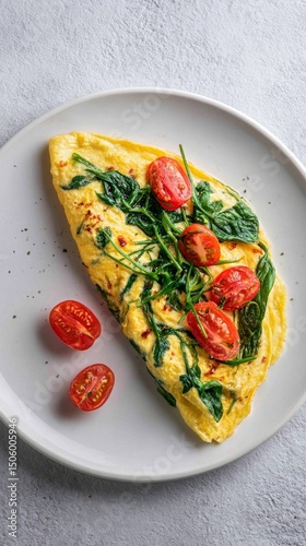 Delicious Spinach and Tomato Omelet Served on a White Plate With Garnish and ...