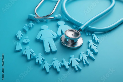 Health care symbols illustrating family support with stethoscope on blue background