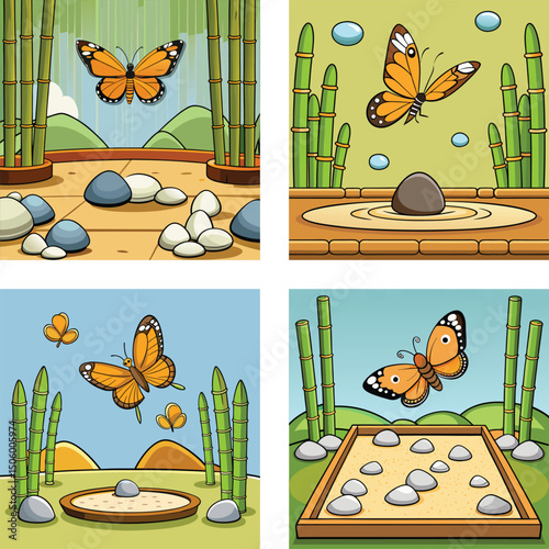 Collection Of Relaxing Zen Gardens With Bamboo And Butterflies Vector Illustration