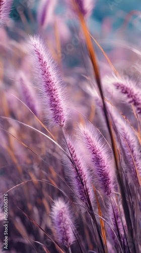 Soft Purple Grasses Sway Gently in the Breeze During Twilight in a Peaceful F...