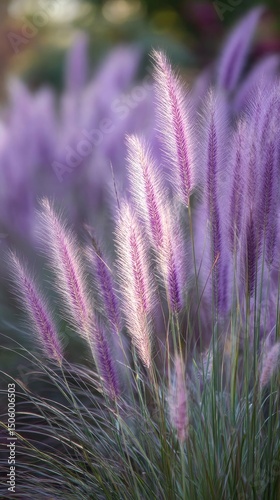 Colorful Purple Grass Sways Gently in the Warm Sunlight During a Serene After...