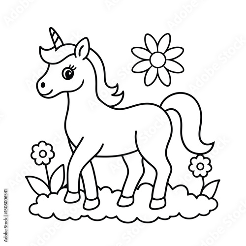 cute unicorn coloring page in a flowery meadow