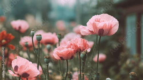Beautiful Blooming Pink Flowers in a Serene Garden During Early Morning Hours