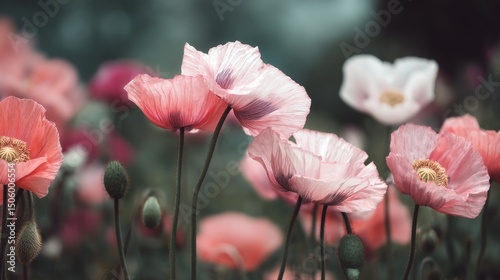 Beautiful Blooming Pink Flowers in a Serene Garden During Early Morning Hours.