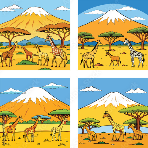 Cartoon Giraffes In African Savannah Landscape With Mountain Illustration Collection