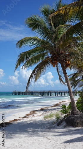 Sunny Beach View With Palm Trees and a Wooden Pier in the Distance on a Clear...