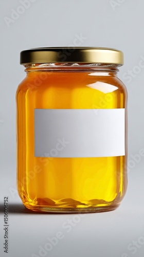 Bright Orange Honey in a Glass Jar With a Gold Lid Against a Simple Background.
